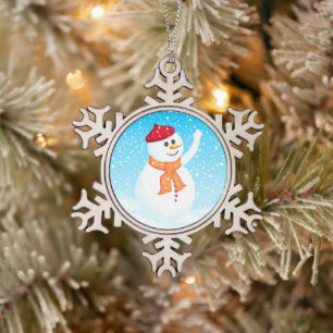 Happy Snowman Pewter Snowflake Ornament