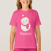 Happy Snowman Pink Personalized Girls Name Holiday T-shirt (Voorkant)
