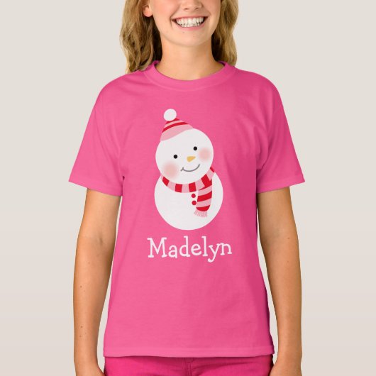 Happy Snowman Pink Personalized Girls Name Holiday T-shirt (Voorkant)