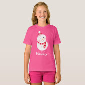 Happy Snowman Pink Personalized Girls Name Holiday T-shirt (Voorkant volledig)