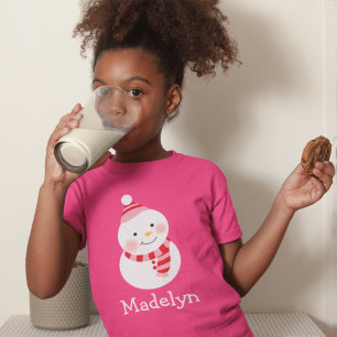 Happy Snowman Pink Personalized Girls Name Holiday T-shirt