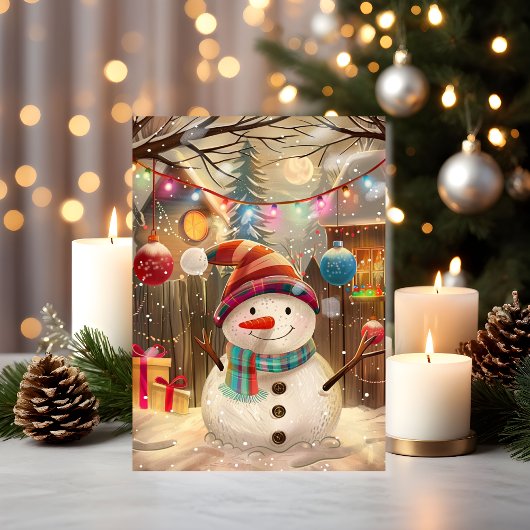 Happy Snowman with Colorful Lights & Holiday Cheer Kaart