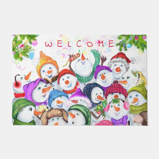 Happy Snowmans Merry Kerstdoormat Welkom Deurmat (Voorkant)