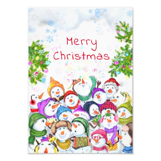 Happy Snowmans Merry kerstparty Funny Drawing Foto Afdruk (Voorkant)