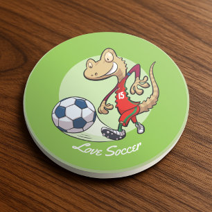 Happy Soccer Star Gecko Kicking Football Cartoon Zandsteen Onderzetter