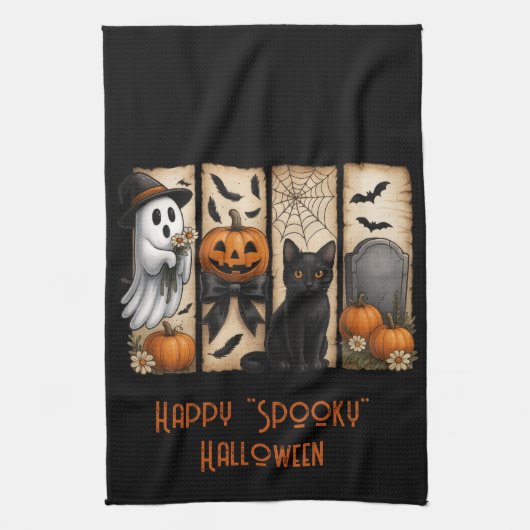 Happy "Spooky" Halloween Ghost Black Cat Theedoek (Verticaal)