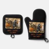 Happy "Spooky" Halloween Pompoenen Zwarte Kat Vlee Ovenwant & Pannenlap Set (Voorkant)