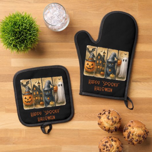 Happy "Spooky" Halloween Pompoenen Zwarte Kat Vlee Ovenwant & Pannenlap Set (Top down)