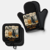 Happy "Spooky" Halloween Pumpkin Ghost Black Cat Ovenwant & Pannenlap Set (Voorkant / Achterkant)