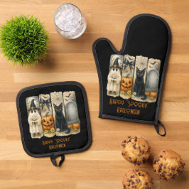 Happy "Spooky" Halloween Pumpkin Ghost Black Cat Ovenwant & Pannenlap Set