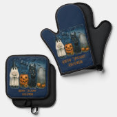 Happy "Spooky" Halloween Pumpkin Ghost Black Cat Ovenwant & Pannenlap Set (Voorkant / Achterkant)