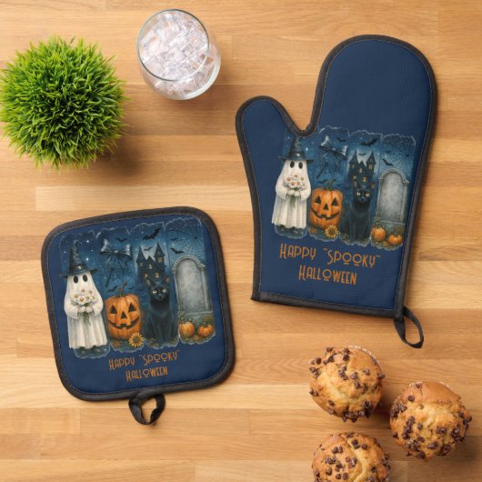 Happy "Spooky" Halloween Pumpkin Ghost Black Cat Ovenwant & Pannenlap Set (Top down)
