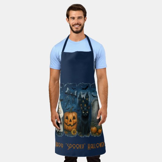 Happy "Spooky" Halloween Pumpkin Ghost Black Cat Schort (Gedragen)