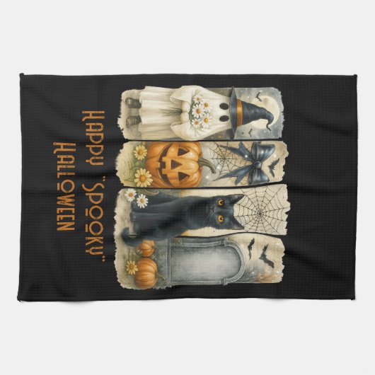 Happy "Spooky" Halloween Pumpkin Ghost Black Cat Theedoek (Horizontaal)