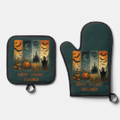 Happy "Spooky" Halloween Pumpkin Scarecrow Bats Ovenwant & Pannenlap Set (Voorkant)
