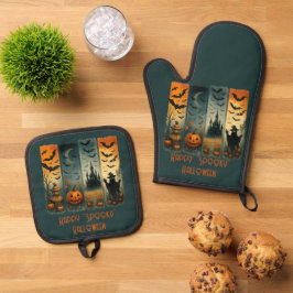 Happy "Spooky" Halloween Pumpkin Scarecrow Bats Ovenwant & Pannenlap Set