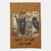 Happy "Spooky" Halloween Pumpkin Skeleton Crow Theedoek (Verticaal)