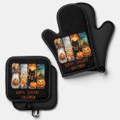 Happy "Spooky" Halloween Pumpkins Black Cat Ghost Ovenwant & Pannenlap Set (Voorkant / Achterkant)