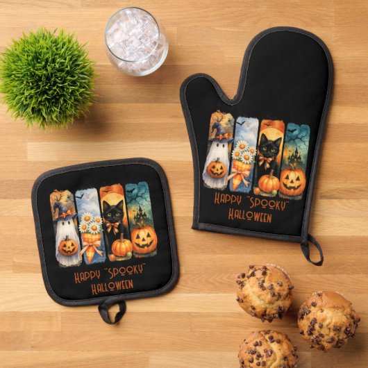 Happy "Spooky" Halloween Pumpkins Black Cat Ghost Ovenwant & Pannenlap Set (Top down)