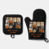 Happy "Spooky" Halloween Pumpkins Black Cat Ghost Ovenwant & Pannenlap Set (Voorkant)