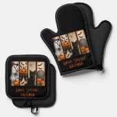 Happy "Spooky" Halloween Pumpkins Black Cat Ghost Ovenwant & Pannenlap Set (Voorkant / Achterkant)
