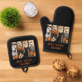 Happy "Spooky" Halloween Pumpkins Black Cat Ghost Ovenwant & Pannenlap Set