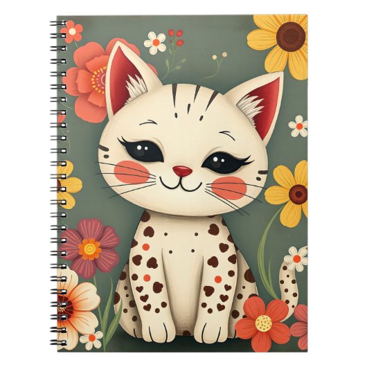 Happy Spotted Kitty with Flowers Notitieboek (Voorkant)