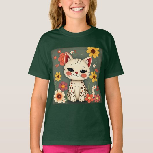 Happy Spotted Kitty with Flowers T-shirt (Voorkant)