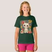 Happy Spotted Kitty with Flowers T-shirt (Voorkant volledig)