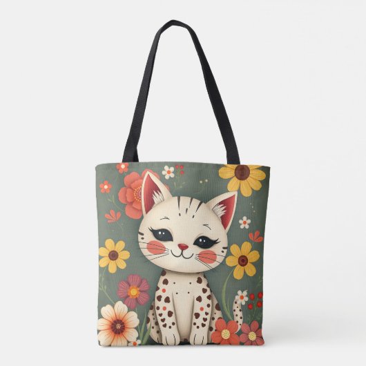 Happy Spotted Kitty with Flowers Tote Bag (Achterkant)