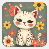 Happy Spotted Kitty with Flowers Vierkante Sticker (Voorkant)