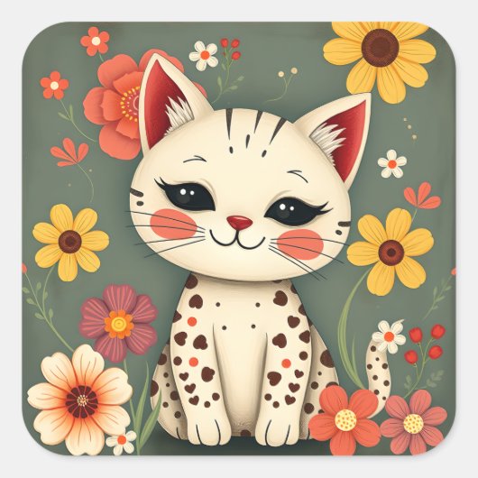 Happy Spotted Kitty with Flowers Vierkante Sticker (Voorkant)