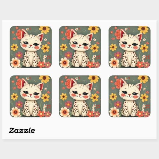 Happy Spotted Kitty with Flowers Vierkante Sticker (Vel)