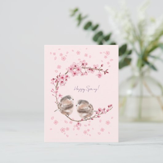 Happy Spring! 桜とかわいいすずめの春のあいさつ♡ Briefkaart (Staand voorkant)