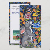 Happy Spring Bunny Rabbit Bird Floral Foto Pasen Feestdagenkaart (Voorkant / Achterkant)