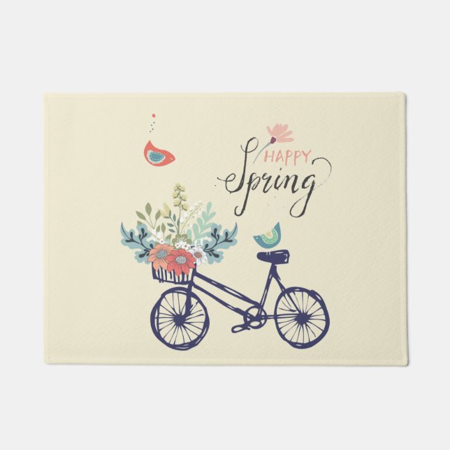 Happy spring-design: fiets, bloemen en vogels deurmat (Voorkant)