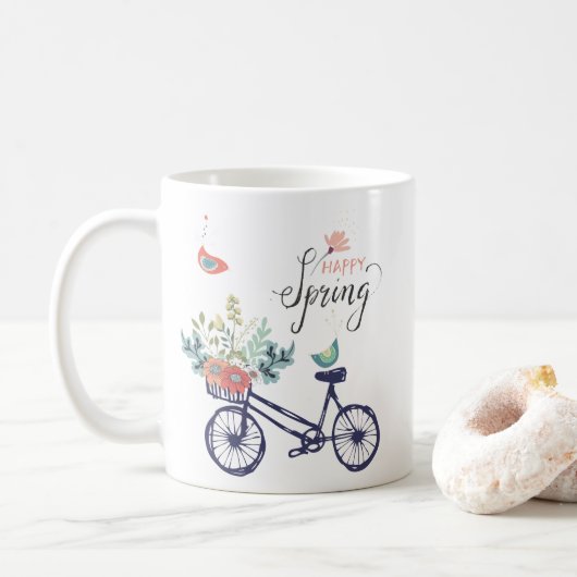 Happy spring-design: fiets, bloemen en vogels koffiemok (Met donut)