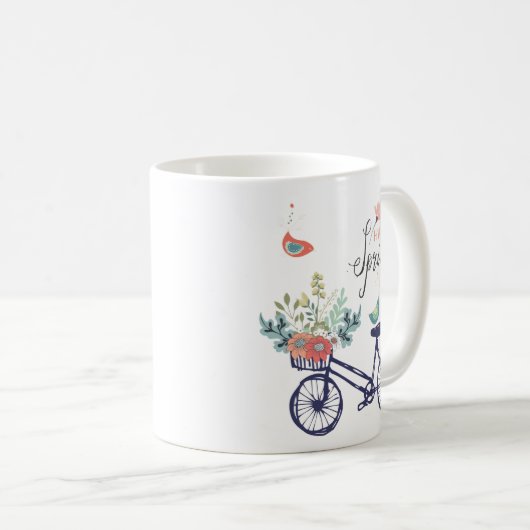 Happy spring-design: fiets, bloemen en vogels koffiemok (Voorkant rechts)