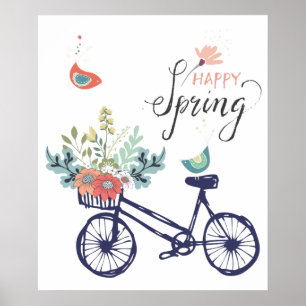 Happy spring-design: fiets, bloemen en vogels poster