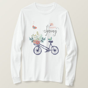 Happy spring-design: fiets, bloemen en vogels t-shirt