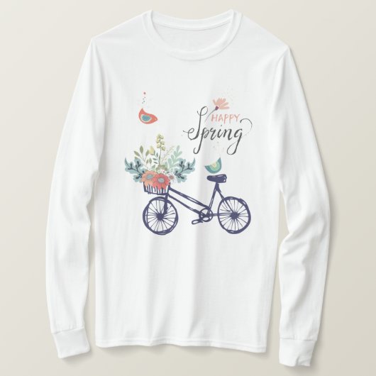 Happy spring-design: fiets, bloemen en vogels t-shirt (Design voorkant)