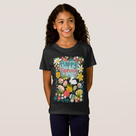 Happy Spring Easter eierjacht bloemenveld T-shirt (Voorkant volledig)