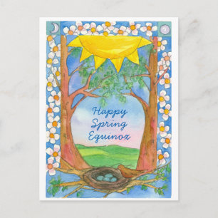 Happy Spring Equinox Zonneschijn Vogelbomen Natuur Briefkaart