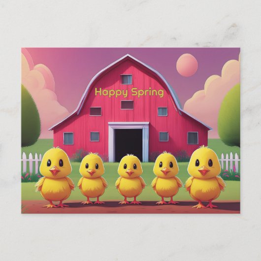 Happy Spring Five Yellow Chicks in Barnyard Briefkaart (Voorkant)
