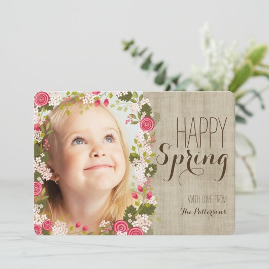 Happy Spring Floral | Linnen foto Wenskaart Kaart (Staand voorkant)