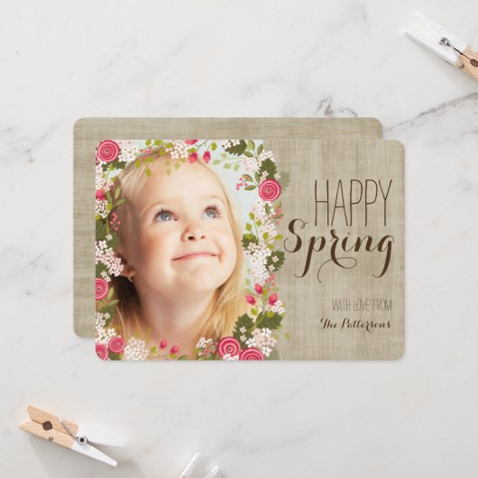 Happy Spring Floral | Linnen foto Wenskaart Kaart (Voorkant / Achterkant in situ)