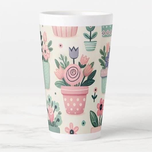 Happy Spring Flower Pot Print Design Latte Mok (Voorkant)
