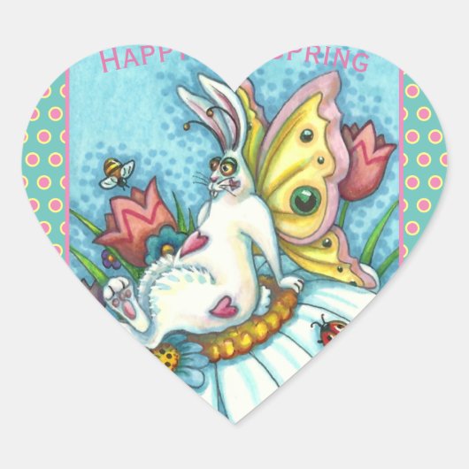 HAPPY SPRING FLUTTERBUN RABBIT, FUNNY BUNNY FAIRY HART STICKER (Voorkant)