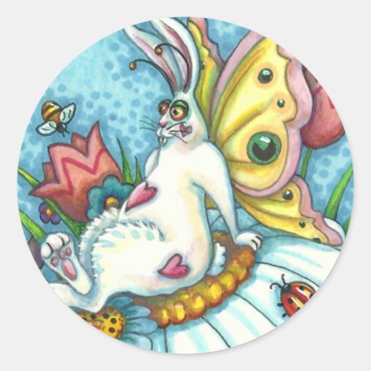 HAPPY SPRING FLUTTERBUN RABBIT, FUNNY BUNNY FAIRY RONDE STICKER (Voorkant)