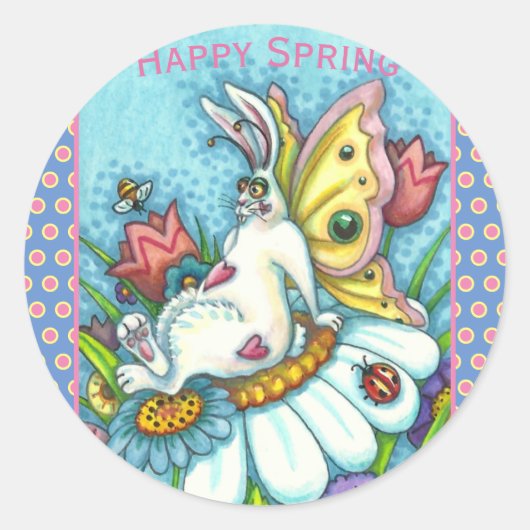 HAPPY SPRING FLUTTERBUN RABBIT, FUNNY BUNNY FAIRY RONDE STICKER (Voorkant)